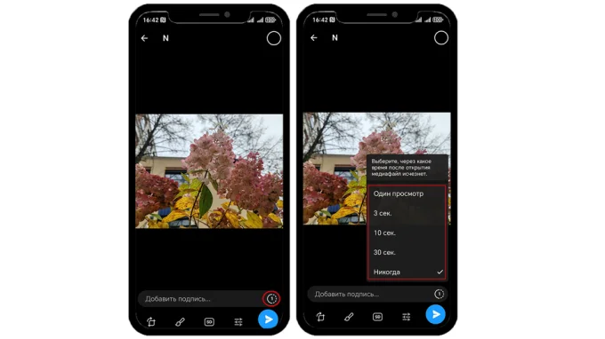 Окно предпросмотра для настройки самоуничтожающегося фото или видео в Telegram