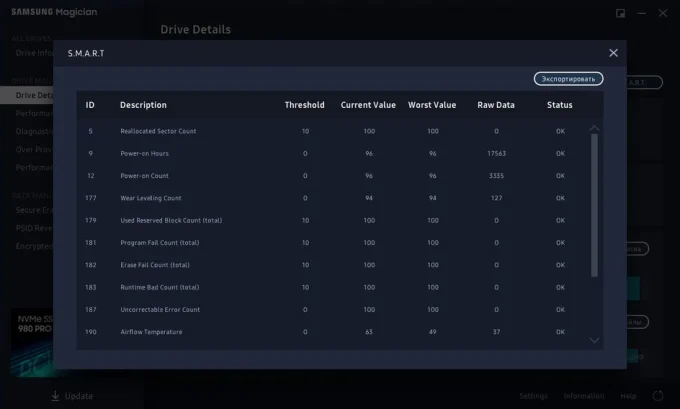 Параметры S.M.A.R.T. в программе Samsung Magician