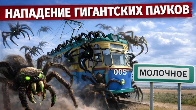 Гигантские чёрные пауки с зелёными глазами атакуют старый трамвай, покрывая его паутиной и грязью; рядом стоит указатель с названием Молочное.
