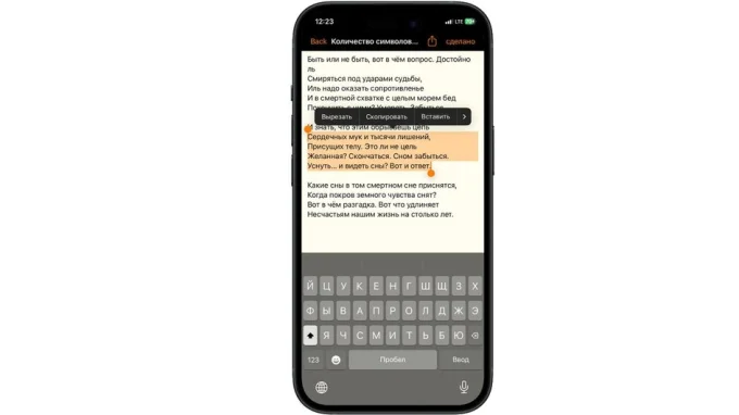 Процесс форматирования текста в документе на iPhone