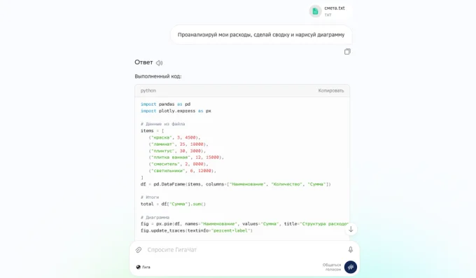 Написание кода в ГигаЧат