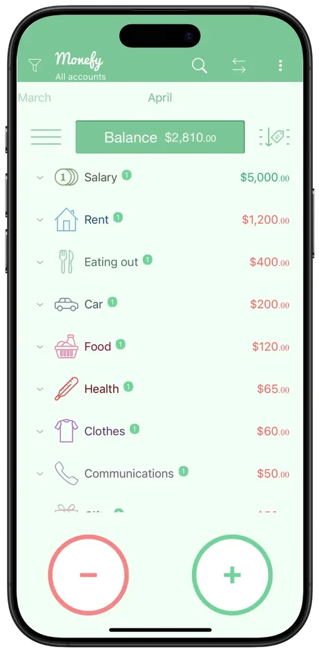 Главный экран с категориями трат