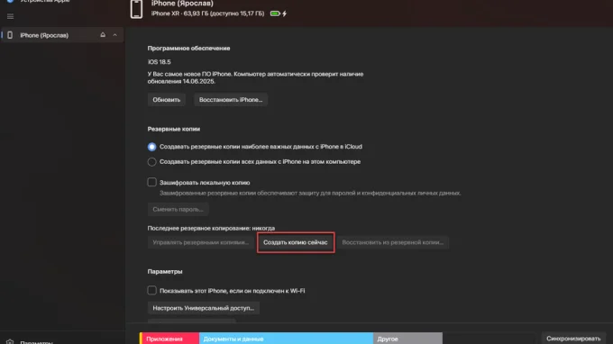 Кнопка “Создать копию сейчас”