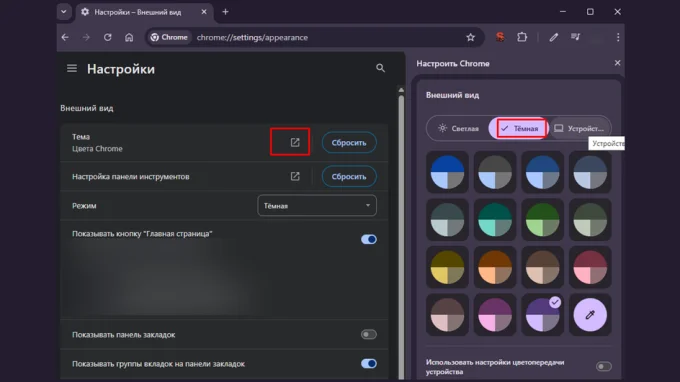 Окно внешнего вида в Google Chrome на компьютере с возможностью выбрать цветовое сочетание
