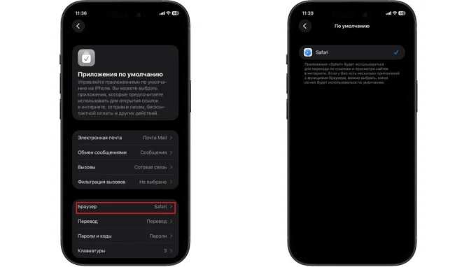 Раздел Браузер приложениях по умолчанию в настройках на iPhone