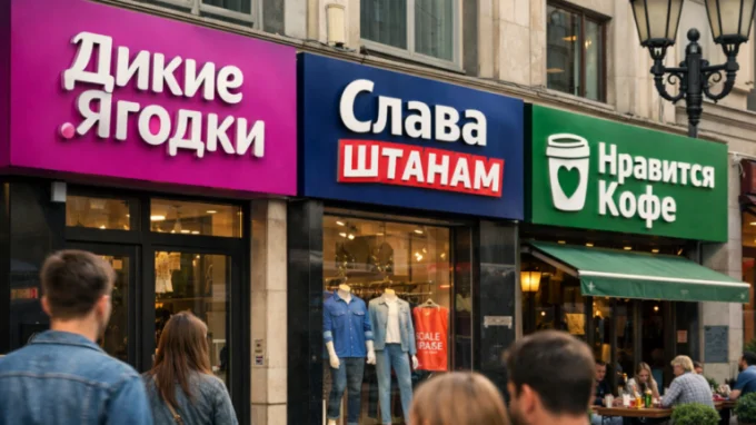 Мем про улицу где иностранные бренды называются на русском «Дикие ягодки», «Слава штанам», «Нравится кофе»