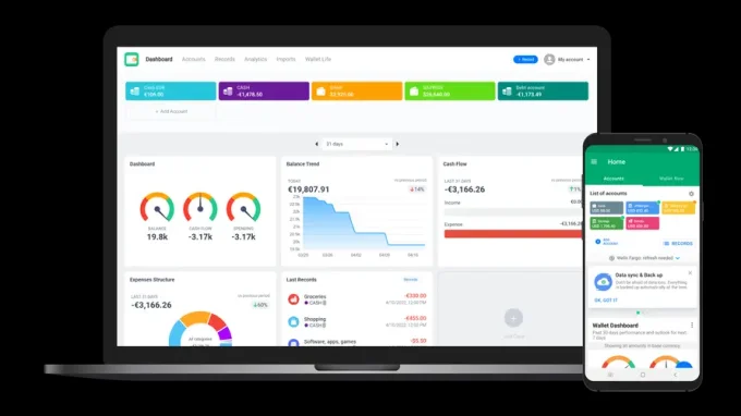 Дашборд с отчетами на ноутбуке и смартфоне