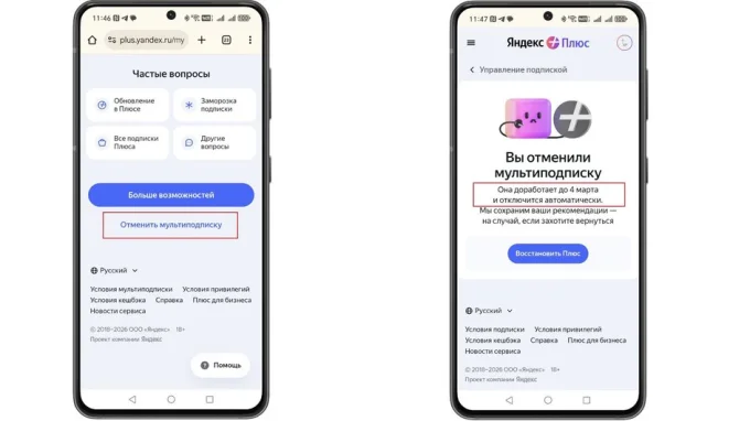 Настройки аккаунта в сервисе с подпиской, где ее можно отменить