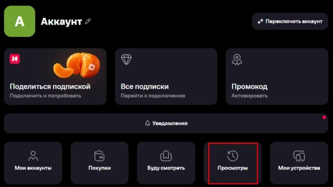 Личный кабинет в сервисе Иви с кнопкой Просмотры