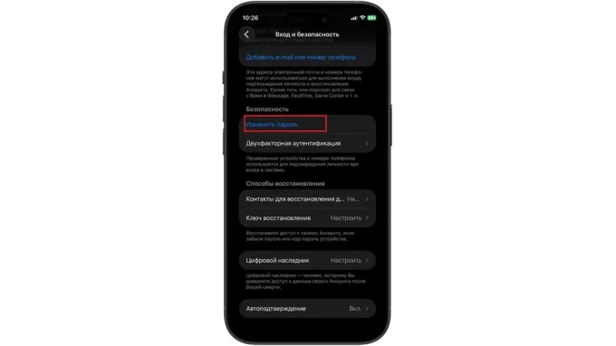 Раздел Вход и безопасность в настройках iPhone