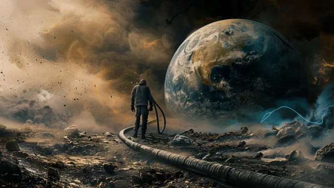 Человек выкачивает ресурсы из Земли - представление нейросетей (Midjourney)