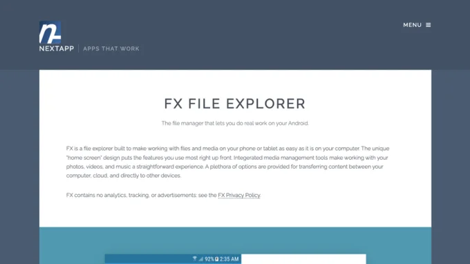 Скриншот главной страницы сайта приложения файлового менеджера для Android FX File Explorer