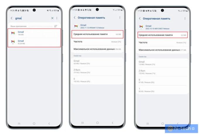 Потребление основной и оперативной памяти почтовыми клиентами Gmail и Gmail Go