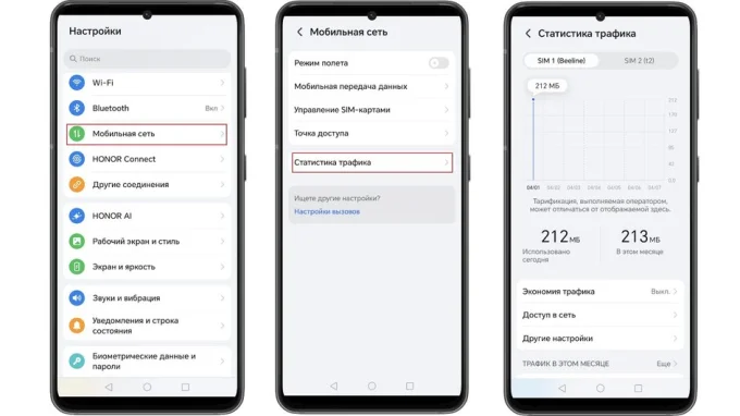 Статистика трафика с мобильной сети в настройках Android