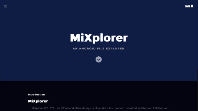 Скриншот главной страницы сайта приложения файлового менеджера для Android MiXplorer
