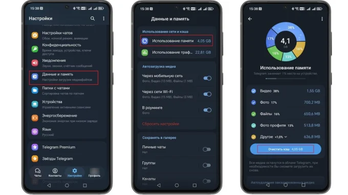 Процесс очистки кэша в приложении Telegram на смартфоне