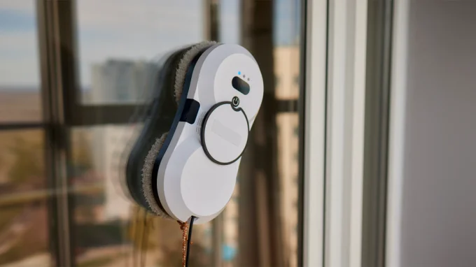 Овальный робот-мойщик протирает окно с уличной стороны