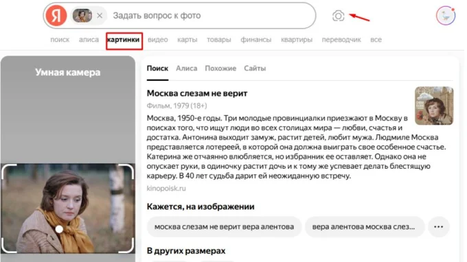 Окно в поисковике в режиме поиска информации по фото