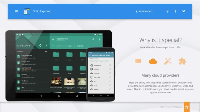Скриншот главной страницы сайта приложения файлового менеджера для Android Solid Explorer