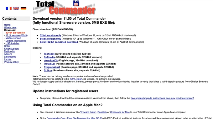 Скриншот главной страницы сайта приложения файлового менеджера для Android Total Commander