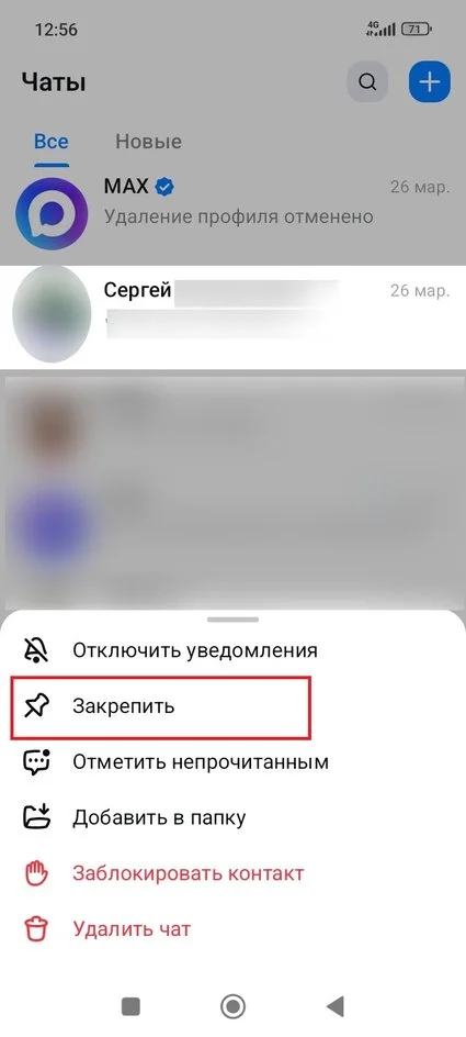 Закрепить чат в Максе