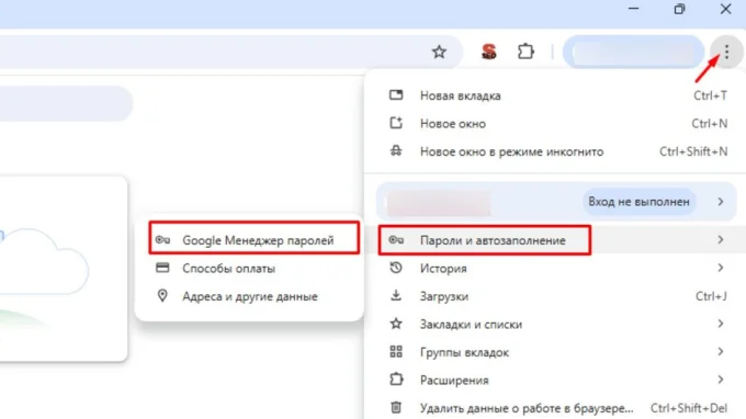 Окно браузера, указывающее на менеджер паролей