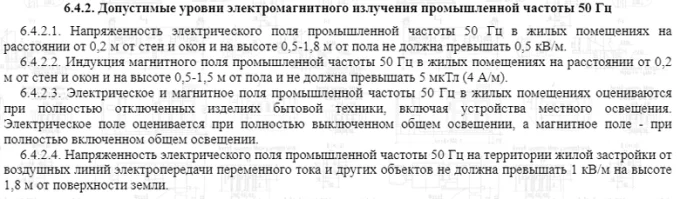 Допустимые уровни ЭМИ для жилых помещений