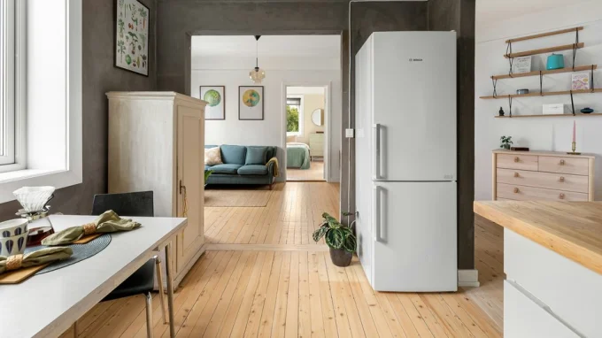 Узкий холодильник на кухне