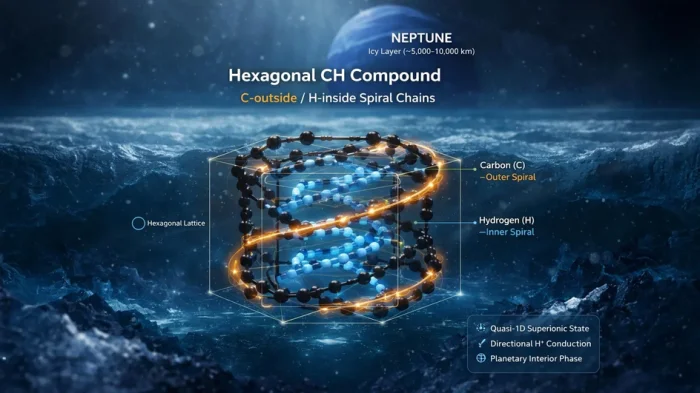 Иллюстрация предсказанного расчетами гексагонального соединения гидрида углерода в условиях, подобных условиям Нептуна. В этой структуре углерод образует внешние спиральные цепочки (желтые), а водород — внутренние спиральные цепочки (синие), что согласуется с квазиодномерным суперионным состоянием, выявленным в ходе моделирования.