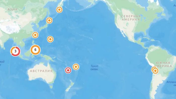 На карте показаны землетрясения магнитудой 4 и выше