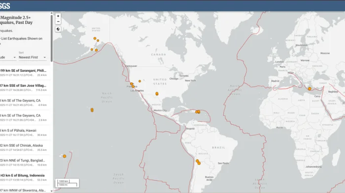 Карта и список последних землетрясений