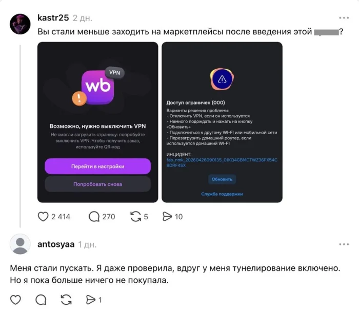 Ozon и Wildberries начали пускать пользователей с VPN после снижения продаж